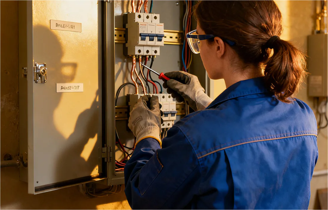 Travail sur une installation électrique, photographie publiée par Aubry Telecom